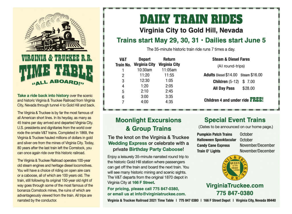 V&T 2021 Timetable / Brochure Virginia & Truckee Railroad