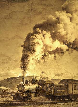 V&T time warp, old sepia colored image of #29 V&T steam locomotive with steam trailing