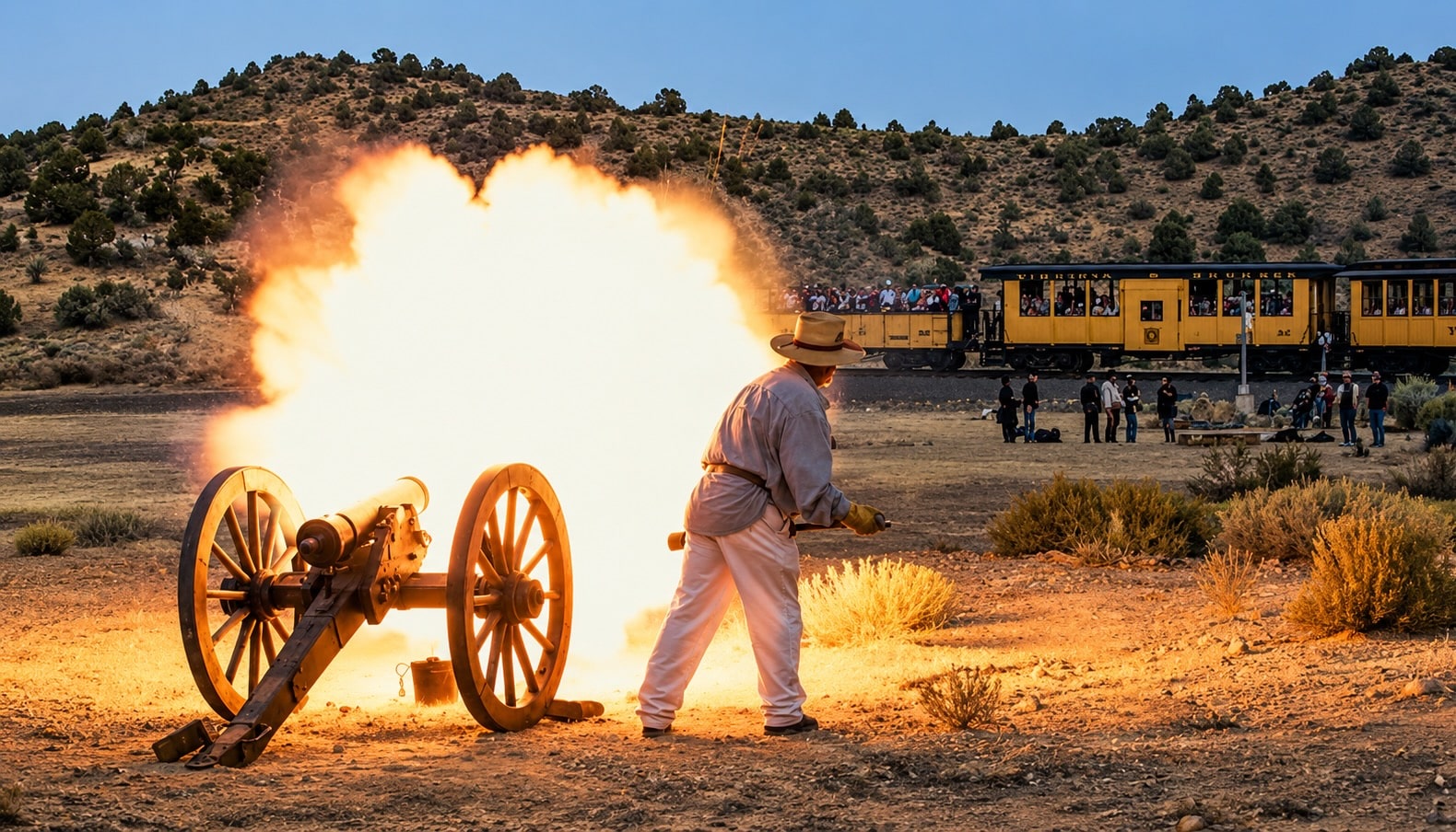 A man in a wide-brimmed hat and light clothing fires a large vintage cannon in a desert, flame bursting from the muzzle as a train with yellow cars passes in the background.