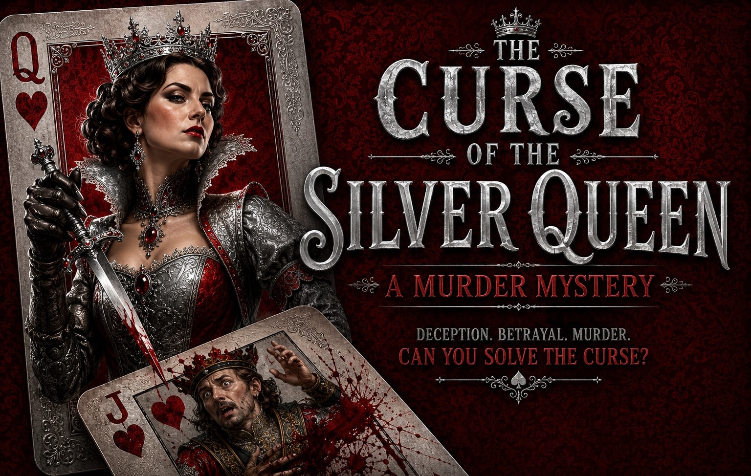 Promotional poster for The Curse of the Silver Queen: a murder mystery, showing a crowned queen in ornate armor with a bloodied dagger and a blood-splattered card on a red background.