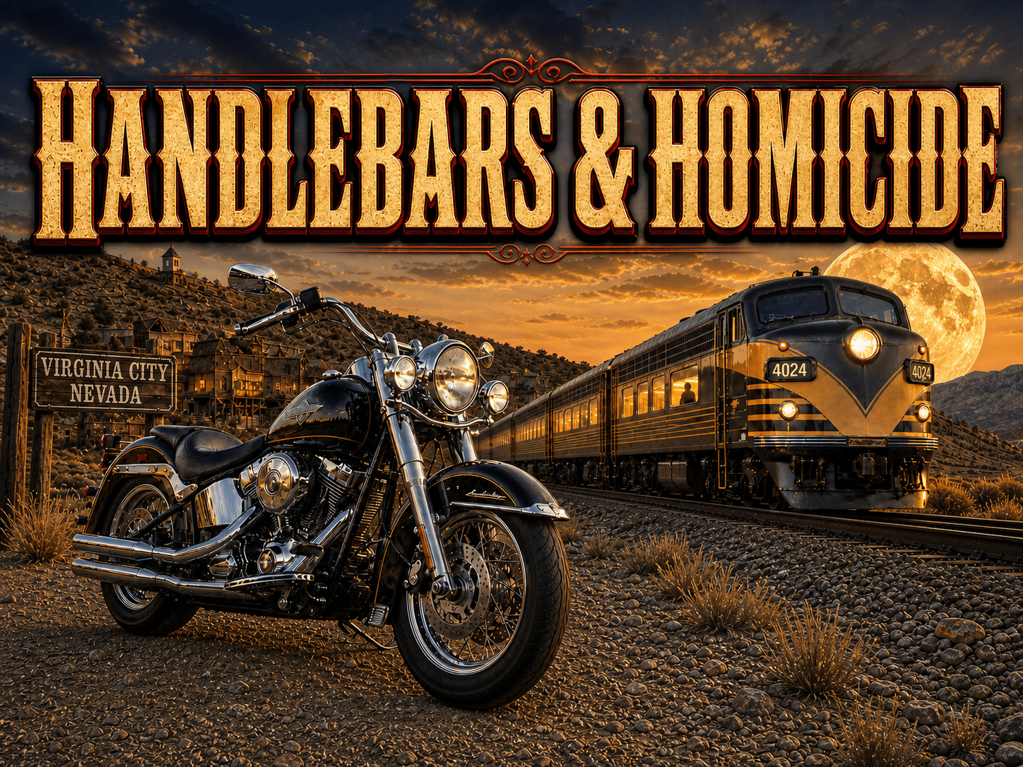 Motorcycle in foreground beside a vintage locomotive on a desert rail at sunset, with a full moon and Virginia City, Nevada sign.