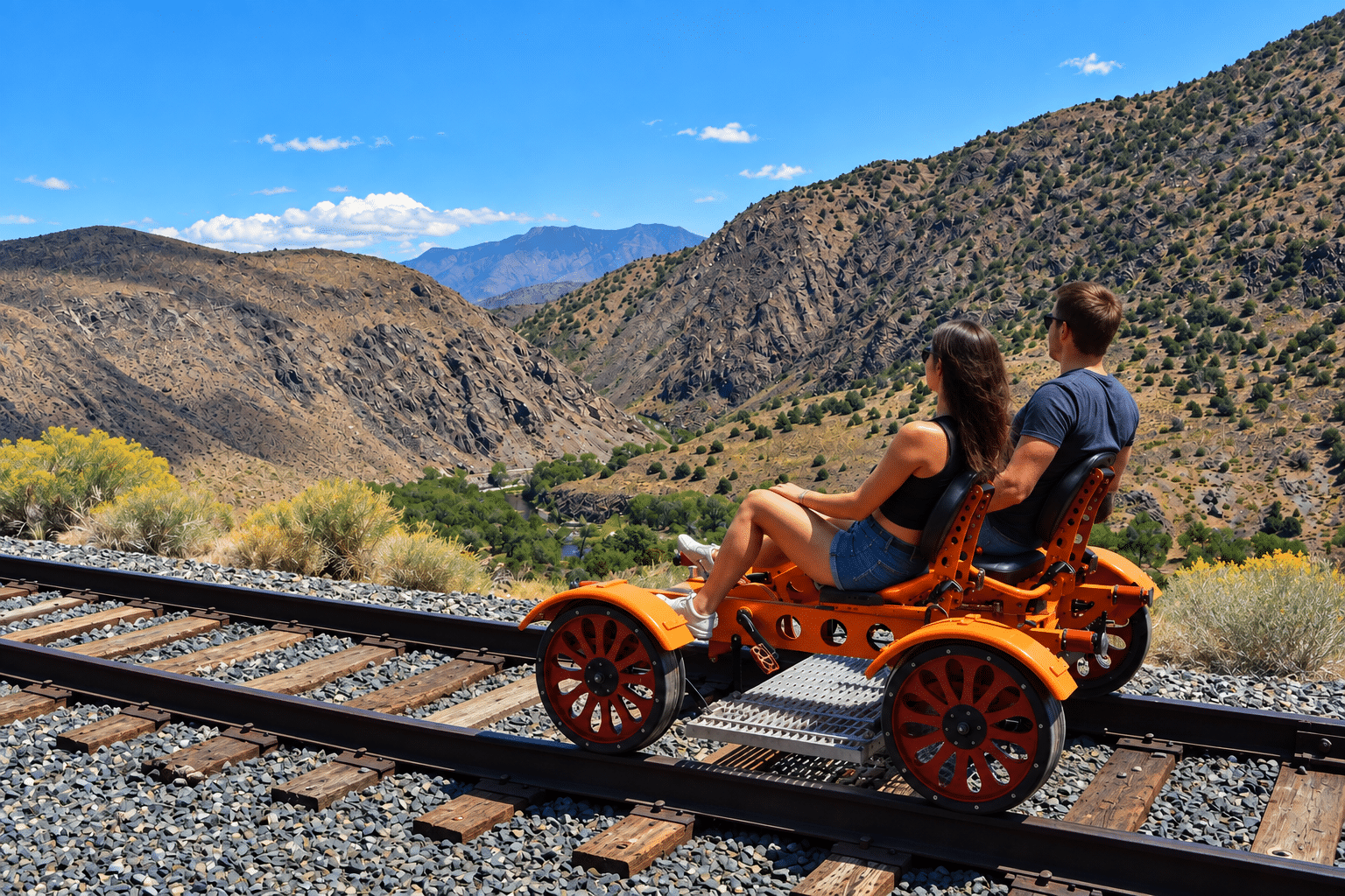 Couple riding an orange open-frame railcar on train tracks, overlooking a rugged desert canyon and blue sky.